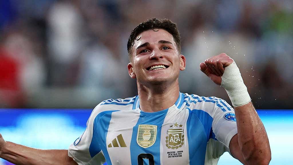 Copa America 2024 - Semi Final - Argentina v Canada - MetLife Stadium, East Rutherford, New Jersey, United States - Jul 9, 2024 Argentina's Julian Alvarez celebrates scoring their first goal REUTERS/Agustin Marcarian