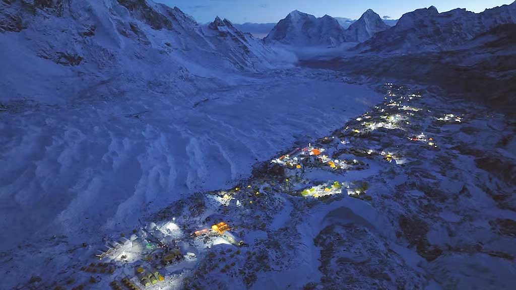 A general view of the Everest base camp taken from a drone, in Nepal Apr 24, 2023. REUTERS