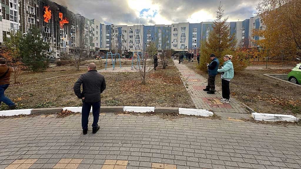 A view shows a damaged multi-storey apartment block following, what local authorities called, a Ukrainian drone attack in the course of Russia-Ukraine conflict in Belgorod, Russia Nov 5, 2024. Governor of Belgorod region Vyacheslav Gladkov via Telegram/Handout via REUTERS