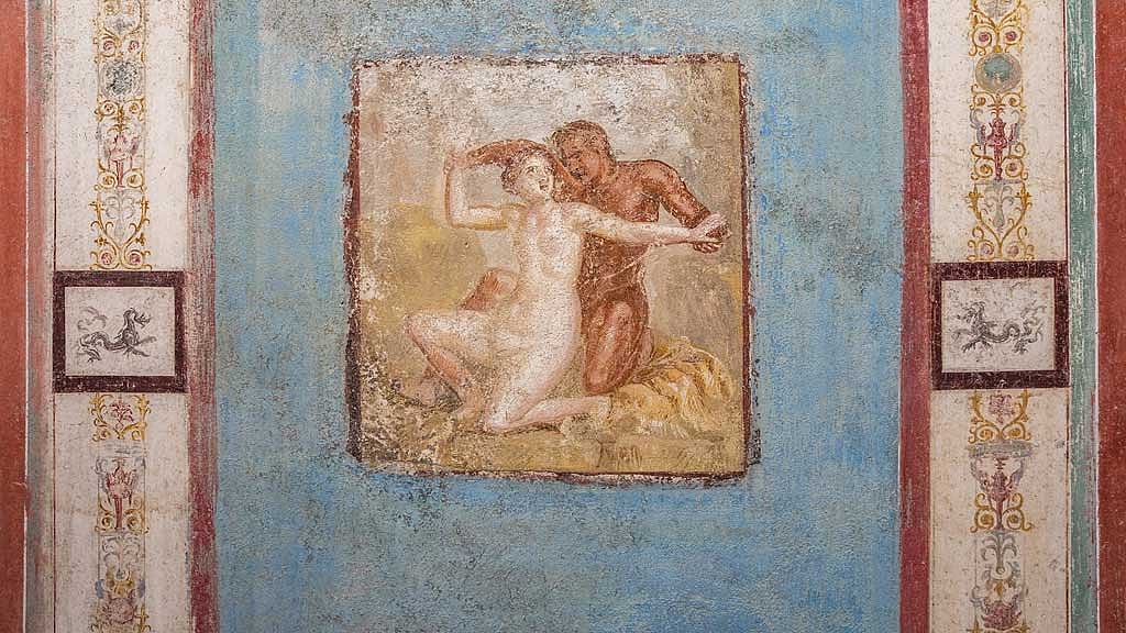 A detail of a richly decorated but uncommonly small house with finely preserved frescoes of mythological scenes is pictured in the archaeological site in Pompeii, Italy, in this handout photo obtained by Reuters on Oct 24, 2024. Parco Archeologico di Pompei/Handout via REUTERS
