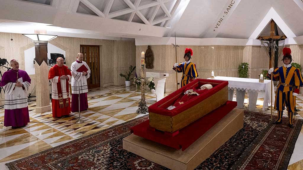 The body of Pope Francis is placed in an open casket during the rite of the declaration of death in Santa Marta residence at the Vatican, Apr 21, 2025. REUTERS