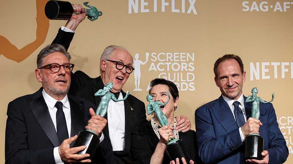 John Lithgow, Ralph Fiennes, Sergio Castellitto and Isabella Rossellini pose with the award for Outstanding Performance by a Cast in a Motion Picture for "Conclave" at the 31st Screen Actors Guild Awards, in Los Angeles, California, US, Feb 23, 2025. REUTERS/Daniel Cole