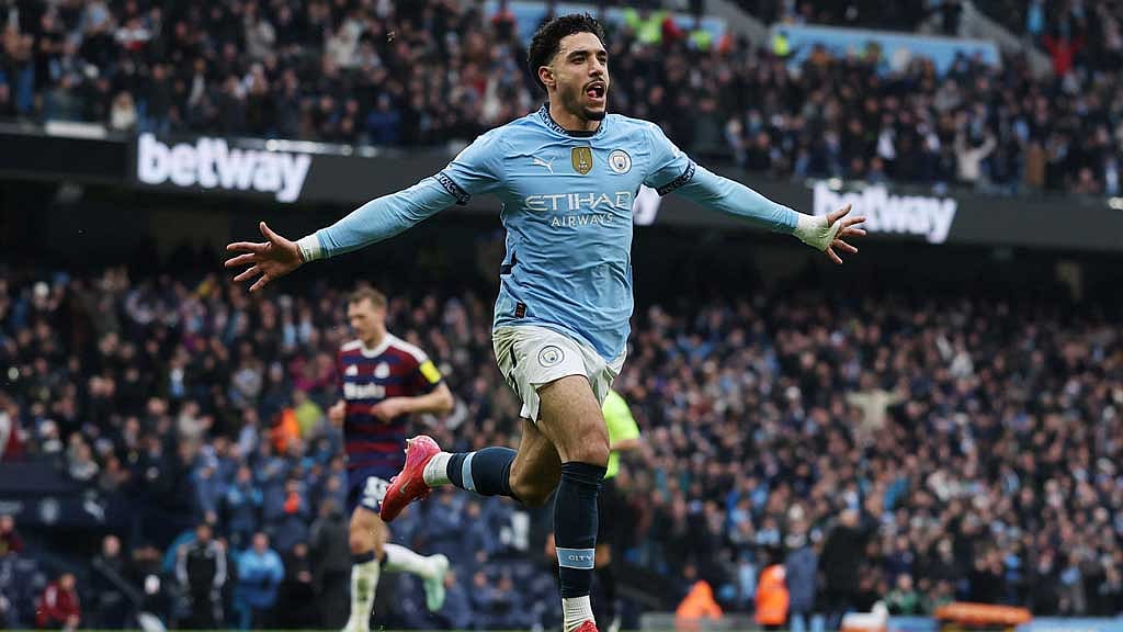 Manchester City's Omar Marmoush celebrates scoring their first goal in the Premier League game against Newcastle United at the Etihad Stadium, Manchester, Britain on February 15, 2025. Action Images via Reuters/Lee Smith