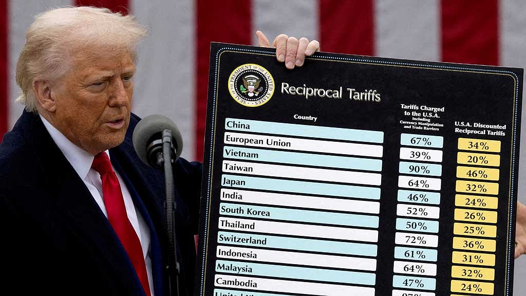 FILE PHOTO: US President Donald Trump delivers remarks on tariffs in the Rose Garden at the White House in Washington, DC, US, Apr 2, 2025. REUTERS/Carlos Barria/File Photo
