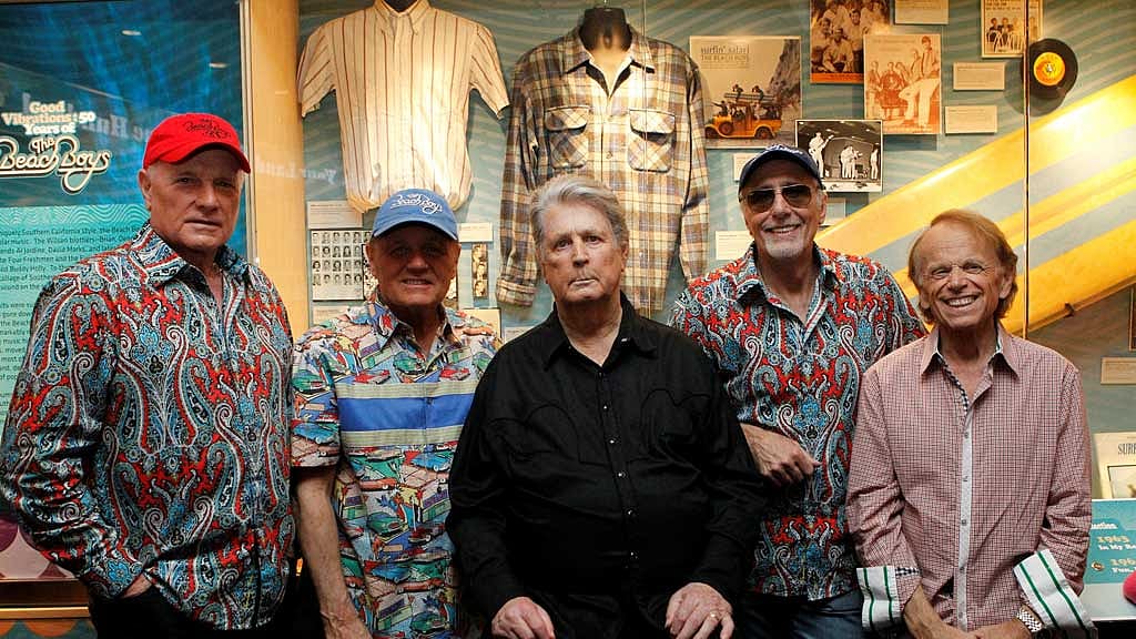 FILE PHOTO: Rock band The Beach Boys Mike Love, Bruce Johnston, Brian Wilson, David Marks and Al Jardine pose during the opening night of their special exhibit at the Grammy Museum in Los Angeles, California, US, Sept 18, 2012. REUTERS/Mario Anzuoni/File Photo