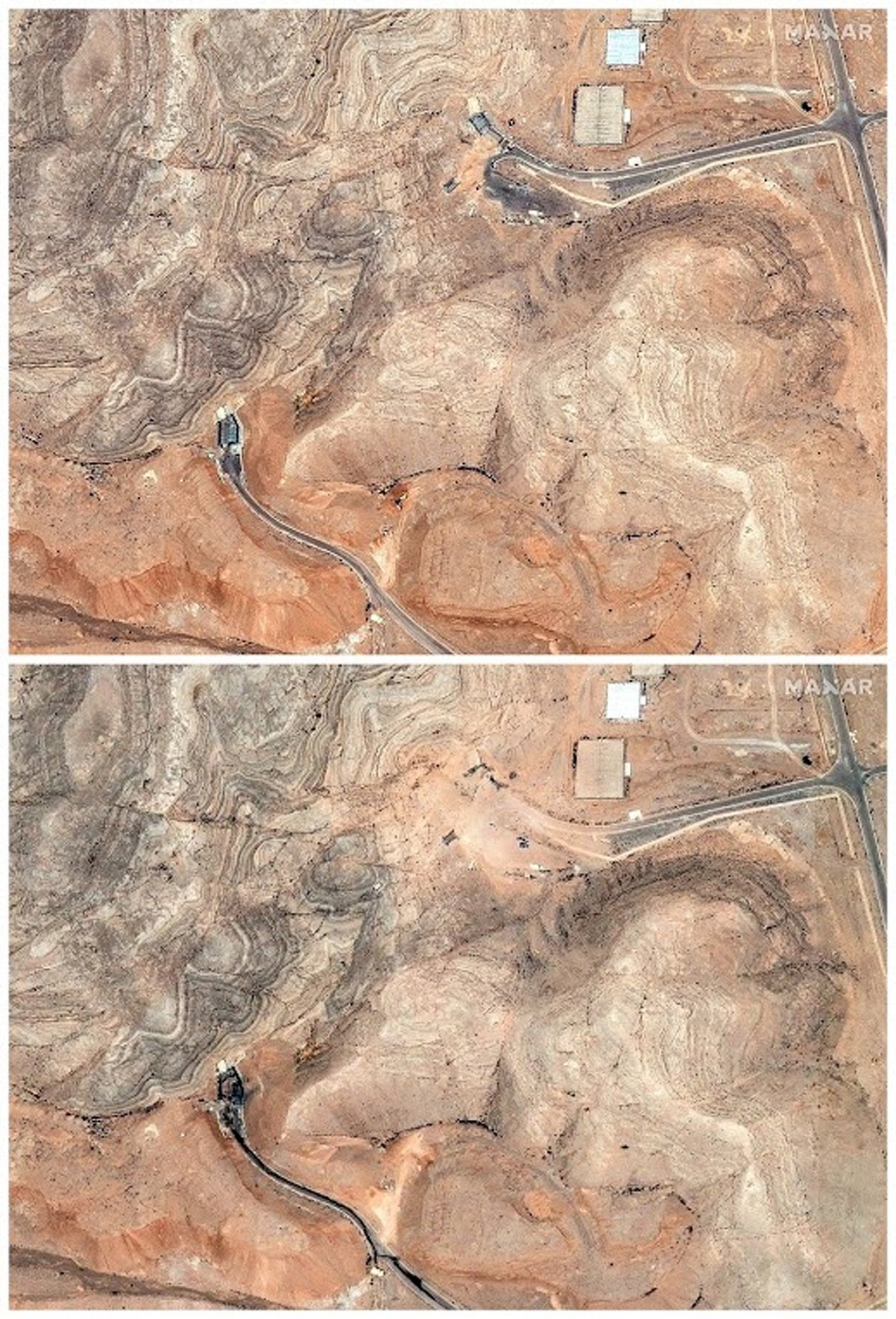 A combination picture shows satellite views of tunnel entrances to the Isfahan Nuclear Technology Research Center before and after being hit by US airstrikes amid the Iran-Israel conflict, in Isfahan, Iran, June 20, 2025 (above), and Jun 22, 2025. Maxar Technologies/Handout via REUTERS