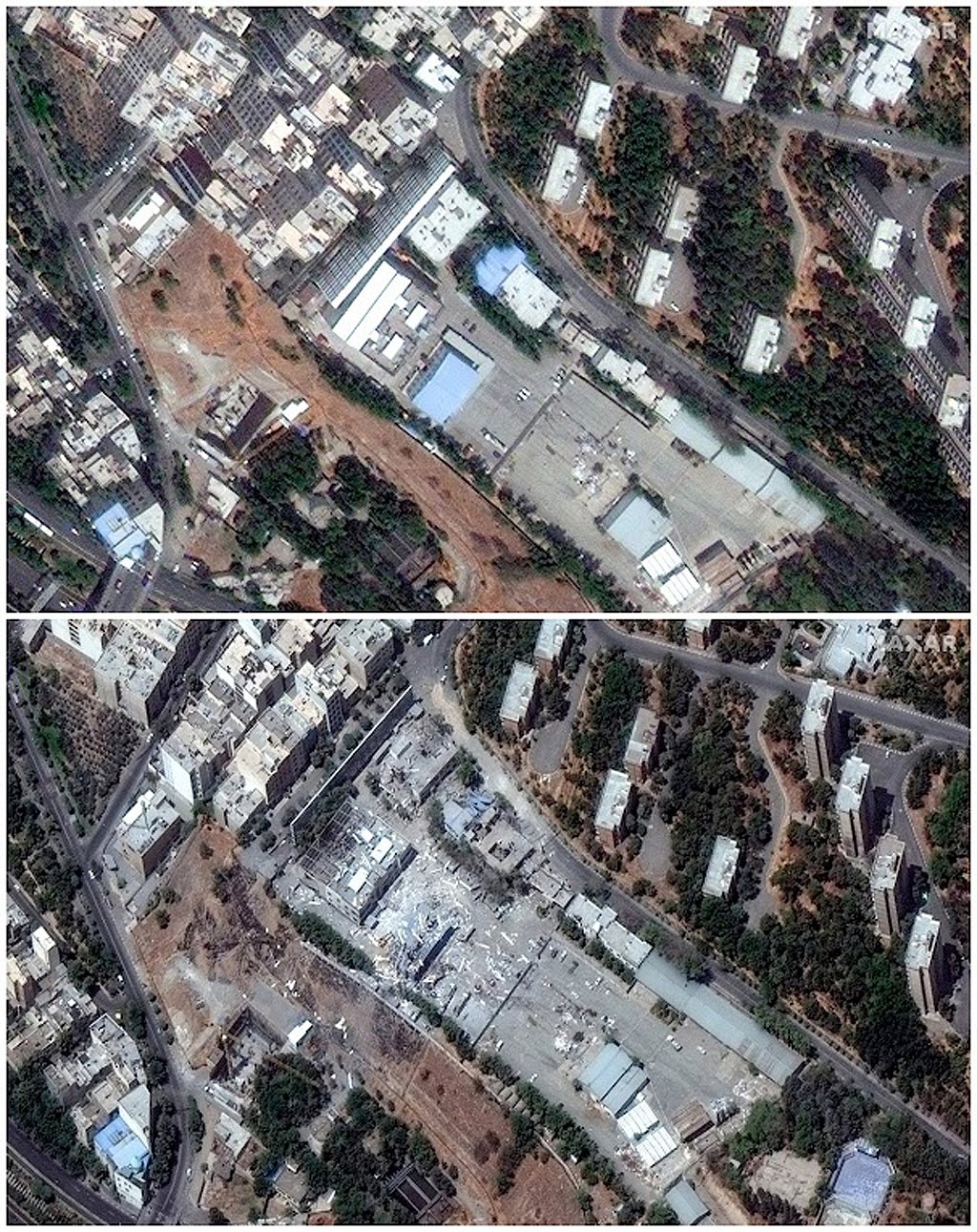 A combination picture shows satellite views of buildings at the Shahid Rajaee University before and after being hit by airstrikes amid the Iran-Israel conflict, in Tehran, Iran, Jun 14, 2025 (above) and Jun 20, 2025. Maxar Technologies/Handout via REUTERS
