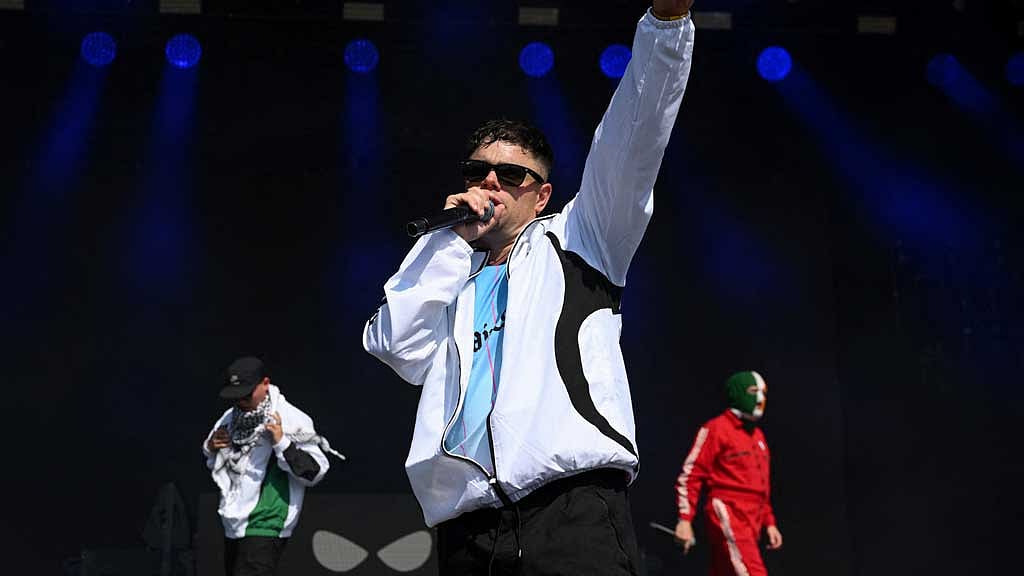 Kneecap performs at Glastonbury Festival at Worthy Farm in Pilton, Somerset, Britain, Jun 28, 2025. REUTERS/Jaimi Joy