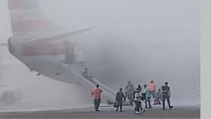 Boeing jet engine catches fire after landing in US