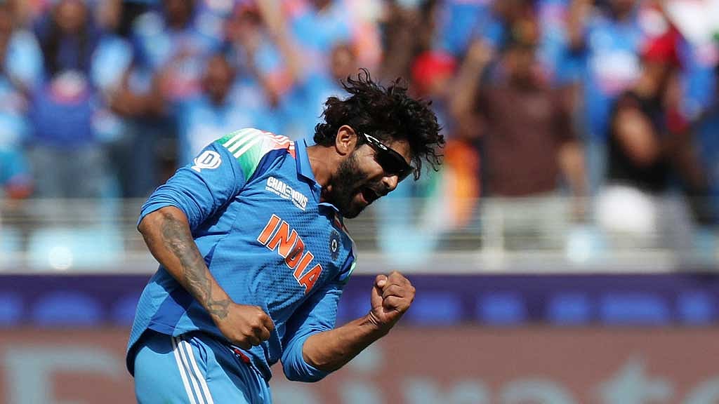 ICC Men's Champions Trophy - Final - India v New Zealand - Dubai International Stadium, Dubai, United Arab Emirates - March 9, 2025 India's Ravindra Jadeja celebrates after taking the LBW wicket of New Zealand's Tom Latham REUTERS/Satish Kumar
