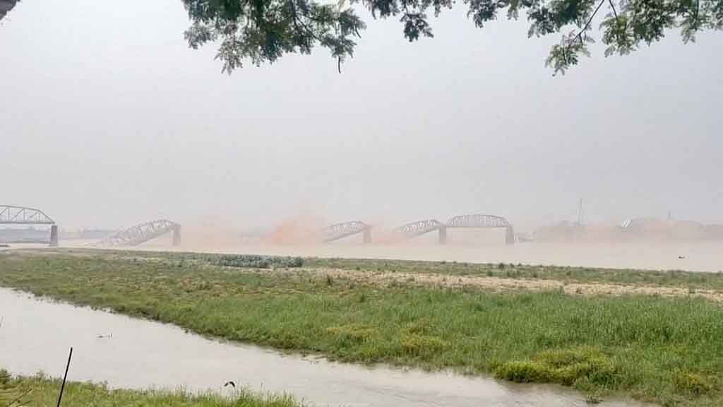 A general view of collapsed Ava bridge following the earthquake in Mandalay, Myanmar, March 28, 2025, in this screengrab taken from a social media video. Social Media /via REUTERS