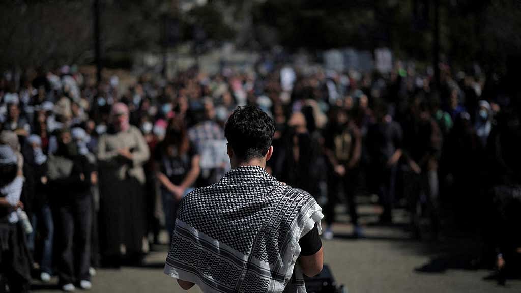 People attend a protest following the arrest by US immigration agents of Palestinian student protester Mahmoud Khalil at Columbia University, in Berkeley, California, US Mar 11, 2025. REUTERS/Carlos Barria