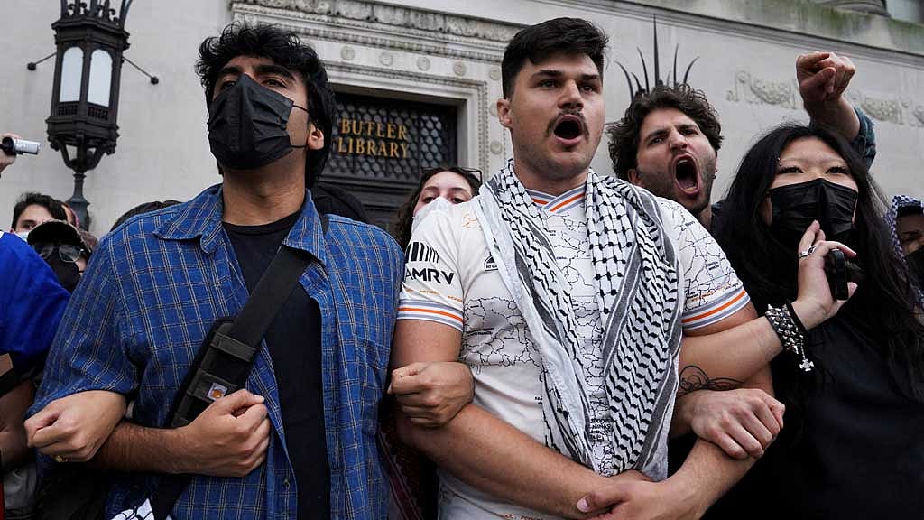 People take part in a pro-Palestinian protest at Butler Library on the campus of Columbia University in New York, US, May 7, 2025. REUTERS