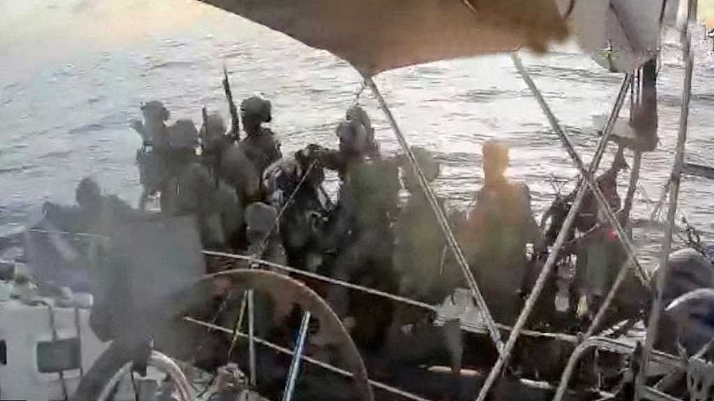 A screengrab from a live stream video shows Israeli navy forces surround the Gaza-bound vessel All In, part of the Global Sumud Flotilla, which flotilla organisers report has been intercepted, Oct 2, 2025. Global Sumud Flotilla/Handout via REUTERS