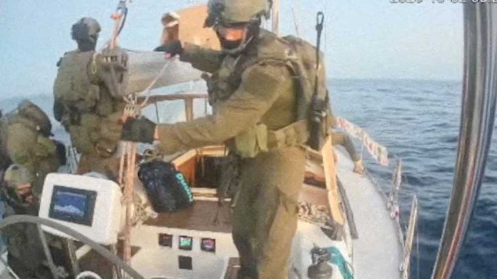 A screengrab from a live stream video shows Israeli navy forces aboard the Gaza-bound vessel Oxygono, part of the Global Sumud Flotilla, which flotilla organisers report has been intercepted, Oct 2, 2025. Global Sumud Flotilla/Handout via REUTERS