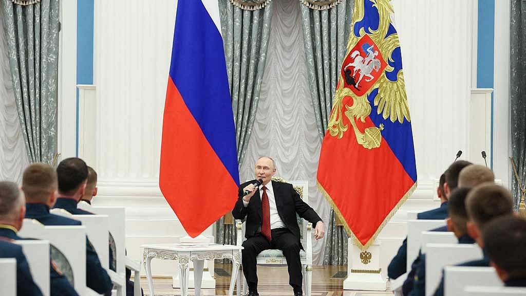 Russia's President Vladimir Putin attends a meeting with participants of the "Time of Heroes" project established for Russian service members and veterans, who were involved in the country's military campaign in Ukraine and study to take up leadership positions in the state administration system, at the Kremlin in Moscow, Russia, Jun 12, 2025. REUTERS 