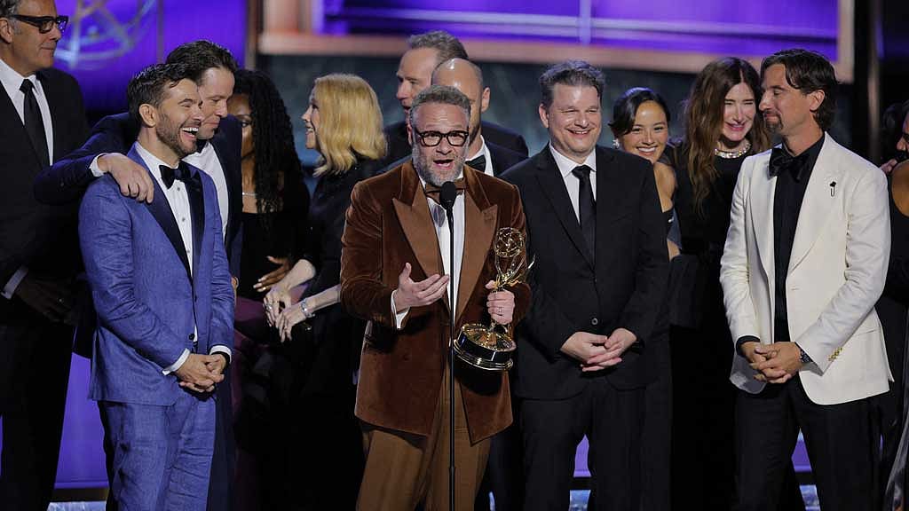 Seth Rogen accepts the Outstanding Comedy Series award for "The Studio" at the 77th Primetime Emmy Awards in Los Angeles, California, US, Sept 14, 2025. REUTERS/Mike Blake