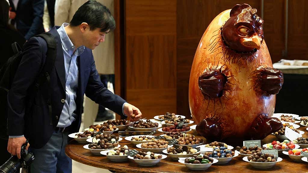 Giant chocolate eggs, created by Belgium's finest chocolatiers and featuring the theme "Pleasure in Motion", are displayed at the opening of the Bel'Oeuf event at the Hotel Amigo ahead of Easter weekend in Brussels, Belgium, Apr 1, 2026. REUTERS/Yves Herman