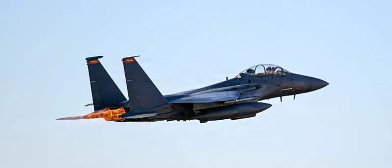 An F-15E Strike Eagle takes off for a combat flight in support of Operation Epic Fury during the Iran war at an undisclosed location, Mar 16, 2026. [US Air Force handout via Reuters]