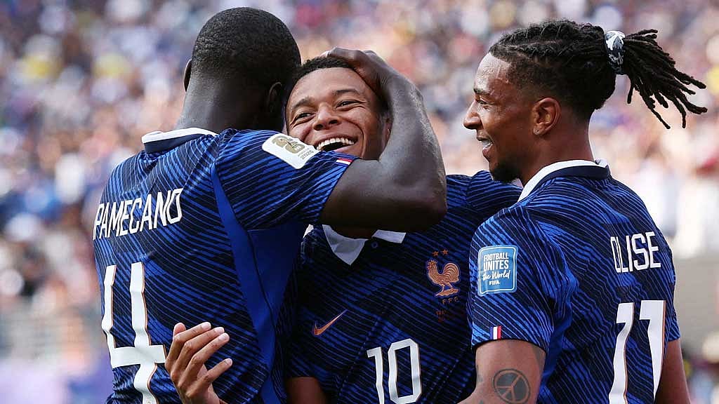 France v Sweden: Kylian Mbappé celebrates a decisive third goal against Sweden, embraced by teammates Dayot Upamecano and Michael Olise at the New York New Jersey Stadium, East Rutherford, New Jersey, US on Jun 30, 2026. Credit: IMAGN IMAGES via Reuters/Vincent Carchietta