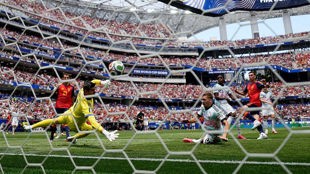 Spain's Fabian Ruiz scores their first goal past Belgium goalkeeper Thibaut Courtois during their FIFA World Cup 2026 quarter-final at Los Angeles Stadium, California. Photo: Reuters