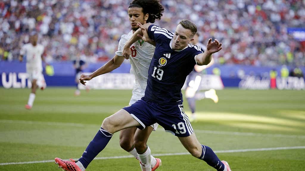 Scotland’s Lewis Ferguson battles Morocco’s Ayyoub Bouaddi during the FIFA World Cup 2026 Group C match in Foxborough, US, Jun 19, 2026. REUTERS/Pilar Olivares