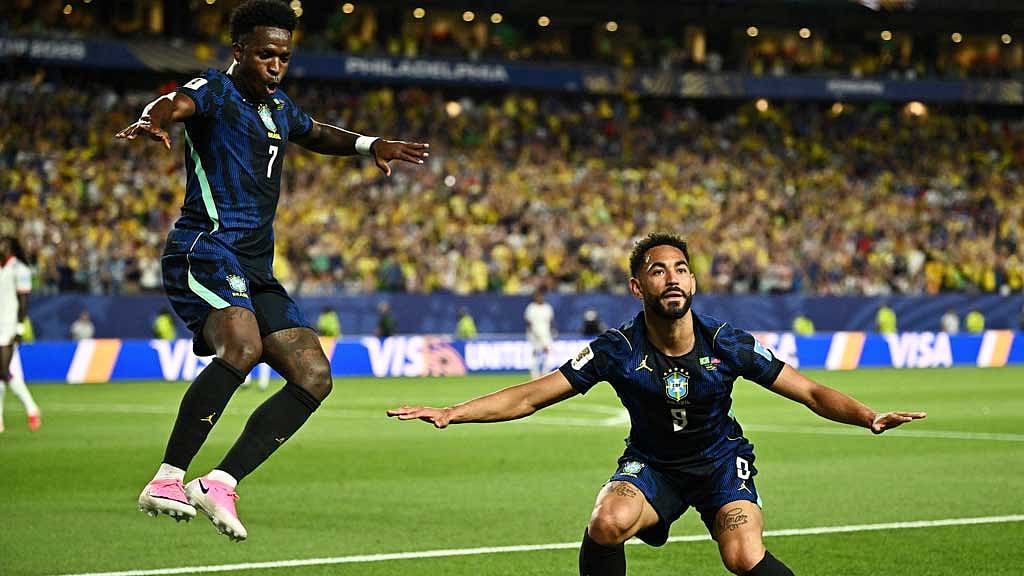 Brazil’s Matheus Cunha celebrates his second goal with Vinícius Júnior during the FIFA World Cup 2026 Group C match against Haiti in Philadelphia, US, Jun 19, 2026. REUTERS/Dylan Martinez