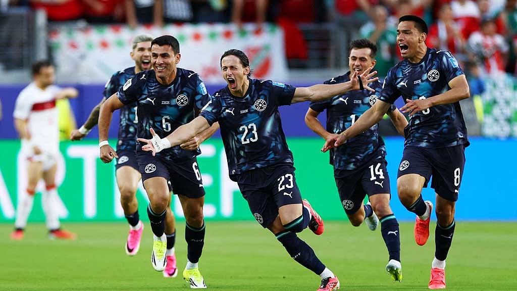 Paraguay’s Matías Galarza celebrates after scoring the winner against Turkey in the FIFA World Cup 2026 Group D match in Santa Clara, US, June 19, 2026. REUTERS/Carlos Barria