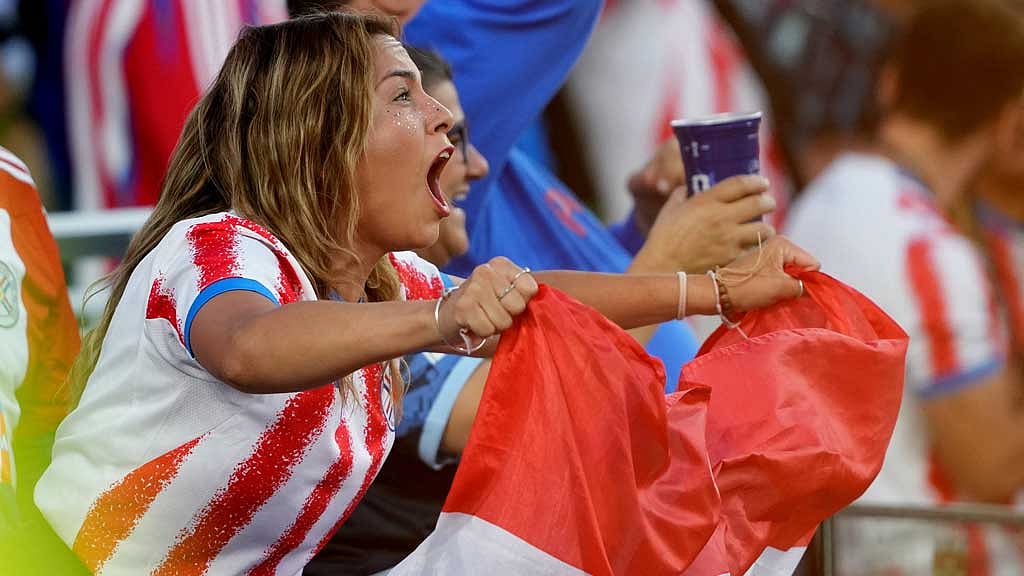 A Paraguay fan celebrates after Matías Galarza opened the scoring against Turkey in the FIFA World Cup 2026 Group D match in Santa Clara, US, Jun 19, 2026. Reuters/Darren Yamashita