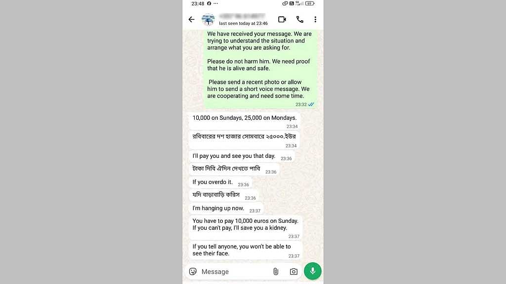 Social media users are circulating this unverified screenshot, claiming these undated texts are allegedly from Emon’s kidnappers, demanding a ransom. Credit: Philenews