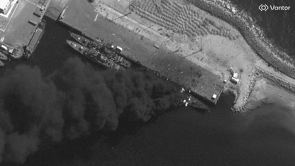 A satellite image shows a frigate on fire at the Konarak naval base in Iran, Feb 28, 2026. Vantor/Handout via REUTERS