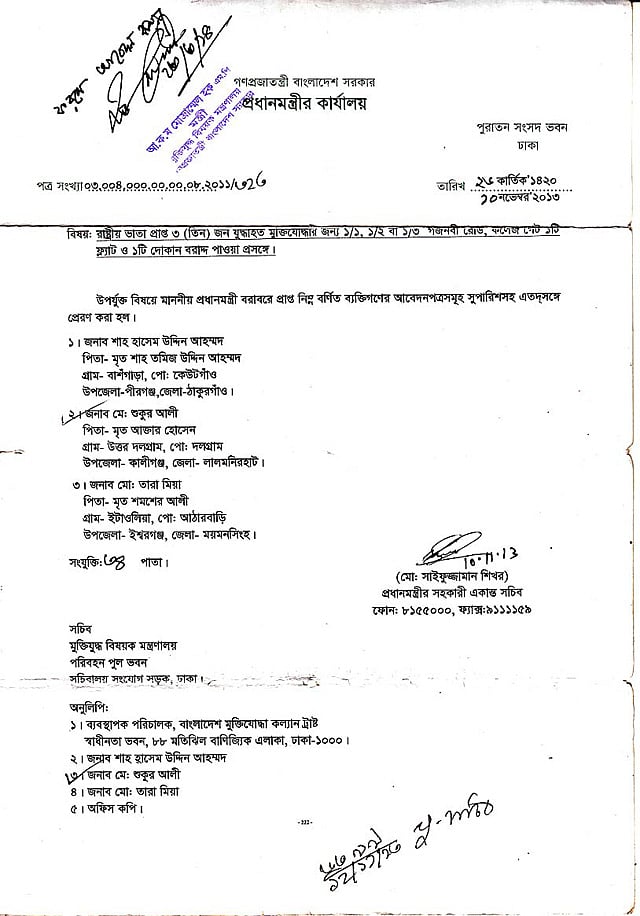 তারা মিয়ার অনুকূলে ফ্ল্যাট বরাদ্দের সুপারিশপত্র 