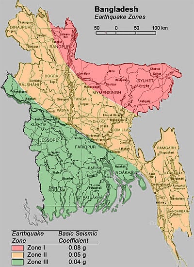 চিত্র-কঃ ভূমিকম্প ঝুঁকি অঞ্চল (সূত্রঃ উইকিপিডিয়া) 