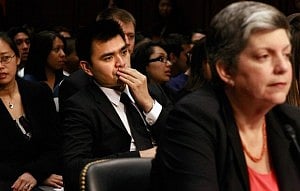 Pulitzer Prize-winning journalist and undocumented immigrant Jose Antonio Vargas (C) sits behind Homeland Security Secretary Janet Napolitano (R) as she testifies before the Senate Judiciary Committee's Subcommittee on Immigration, Refugees and Border Security about the DREAM Act June 28, 2011 in Washington, DC.  