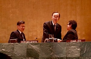 Ban Ki Moon, Secretary-General of the UN shakes hand with Mirna Cunningham, Chairperson of the Permanent Forum, declaring the opening of the 10th session of UN Permanent Forum on Indigenous Issues at the United Nations Headquarters in New York city, 16th May 2011. Sha Zukang, Under-Secretary-General For Economic and Social Affairs, looks on. Photo: Wasfia Nazreen  