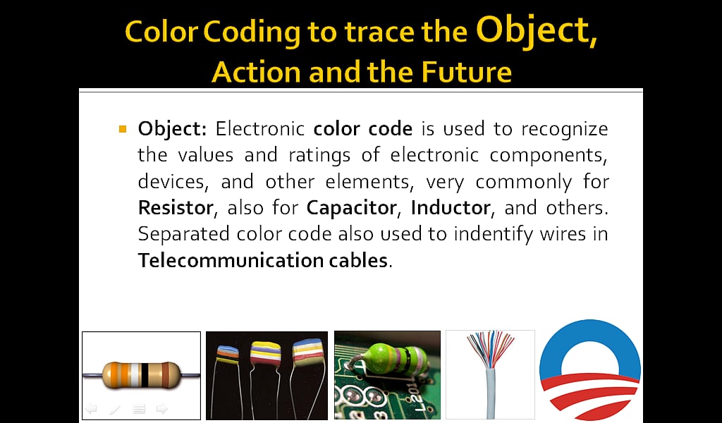 Color Coding to trace the Object Object: Electronic color code is used to recognize the values and ratings of electronic components, devices, and other elements, very commonly for Resistor, also for Capacitor, Inductor, and others. Separated color code also used to indentify wires in Telecommunication cables. 