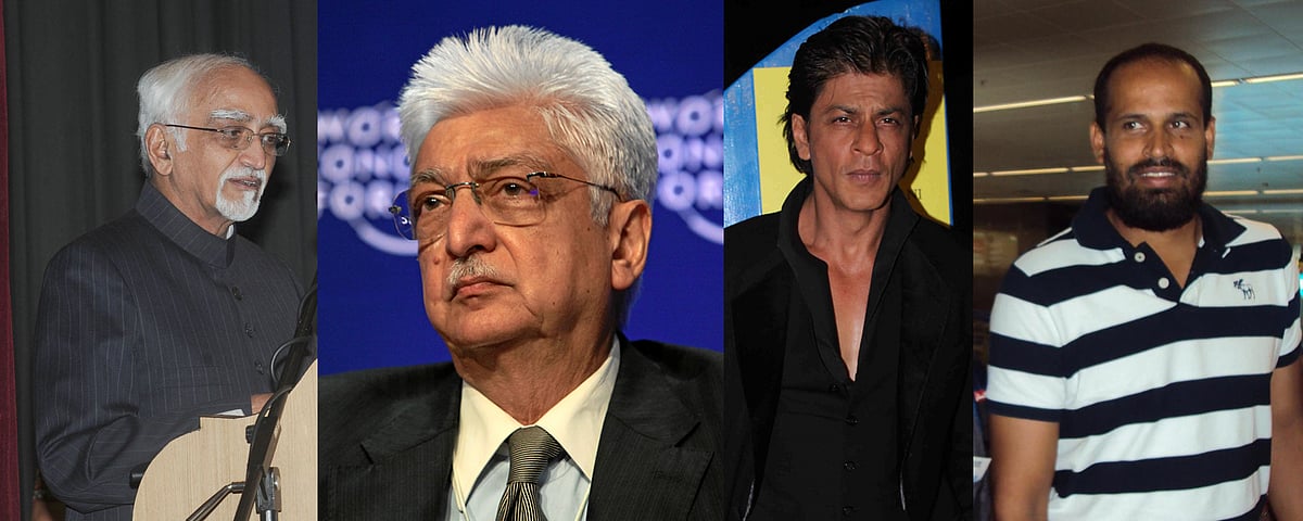 From left: Indian Vice President Hamid Ansari, business tycoon Azim Premji, superstar Shahrukh Khan and cricketer Irfan Pathan 