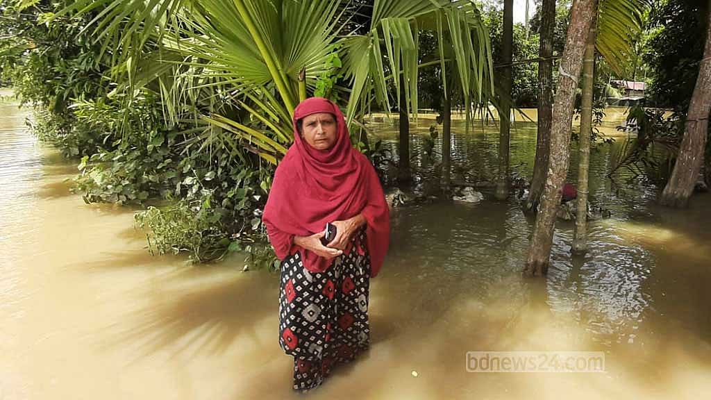 রহিমা খাতুনের গোলাভরা ধান, ঘরে পালা হাঁস-মুরগী সবকিছুই ভেসে গেছে বানের জলে।