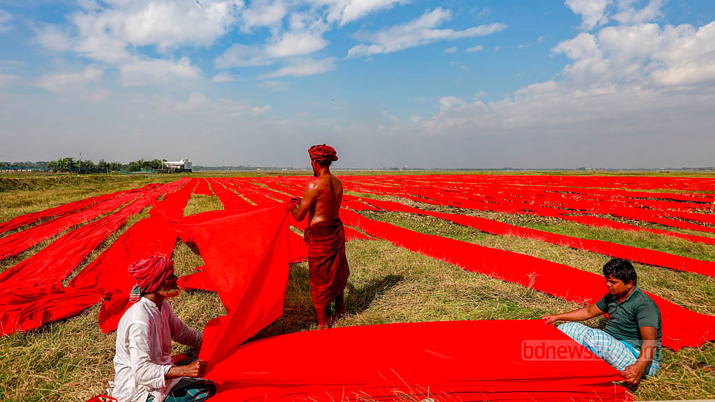 Once dried, the Salu cloth is folded on the field.