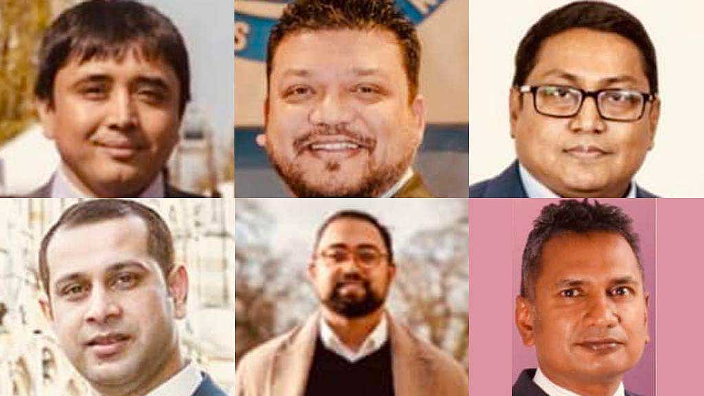 Clockwise from top left: Golam Tipu, Mohammed Shahed Hussain, Raj Forhad, Raja Miah, Najmul Hussain, Sadiq Chaudhury.