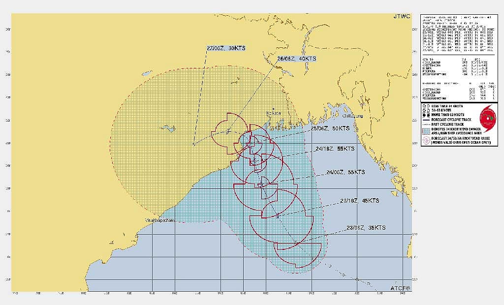 ঘূর্ণিঝড় দানার সম্ভাব্য গতিপথ। গ্রাফিক্স: জেটিডব্লিউসি