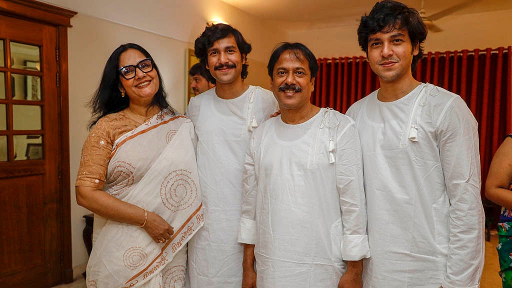 Actors Shahnaz Khushi and Brindabon Das attend the joyous event on Monday, Apr 14, 2025, along with their sons Dibya Jyoti and Shoumya Jyoti donning matching Boishakhi attires.