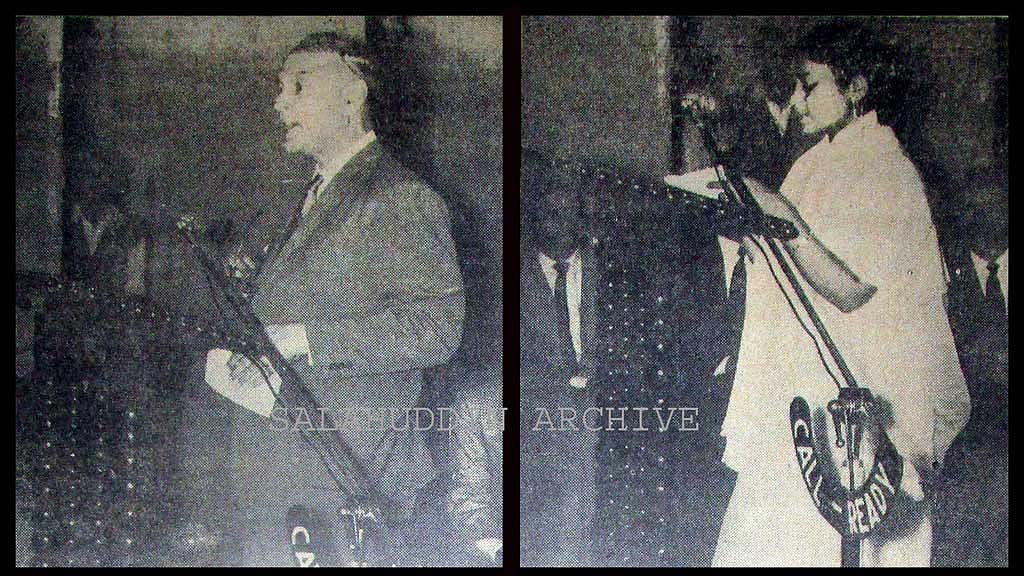 ১৯৬১ সালের ফেব্রুয়ারিতে ডাকসুর অভিষেক অনুষ্ঠানে ভিসি মাহমুদ হোসেন ও ভিপি জাহানারা আখতার। ছবি: সালাউদ্দিন দোলক