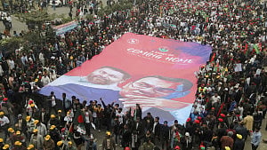 A sea of people on 300 Feet Road