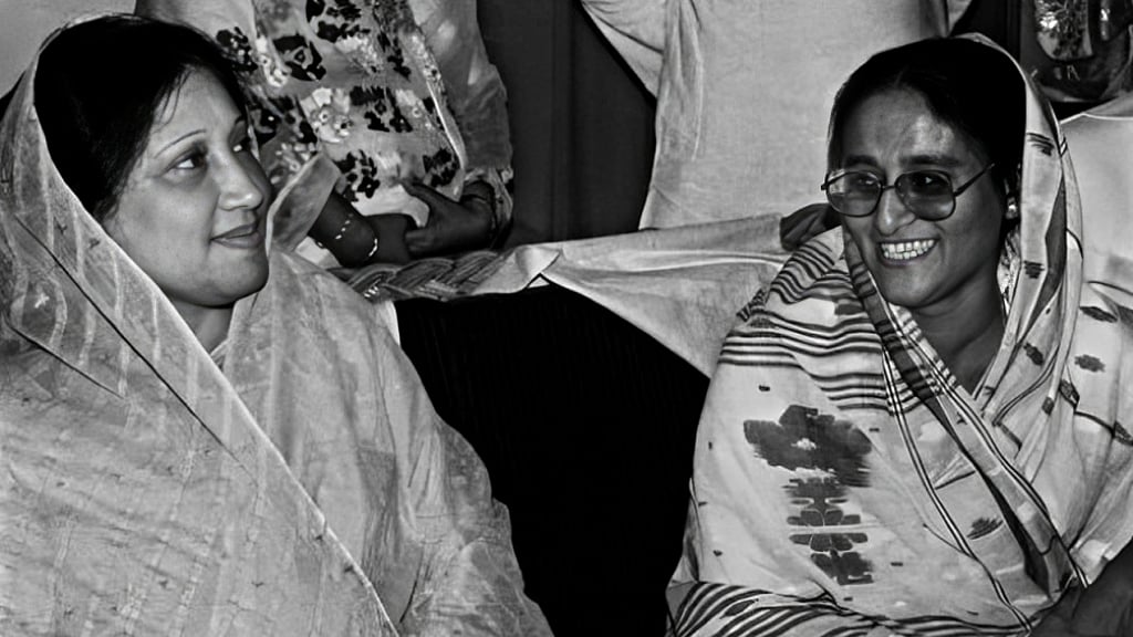 Khaleda Zia with Sheikh Hasina during the anti-Ershad movement.