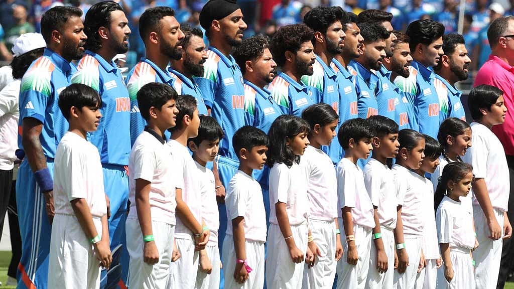 ICC Men's Champions Trophy - Group A - India v Pakistan - Dubai International Stadium, Dubai, United Arab Emirates - February 23, 2025 India players during the national anthem before the match REUTERS/Satish Kumar