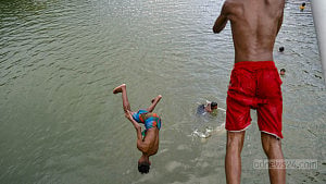 Children, teens frolic in Zia Udyan lake