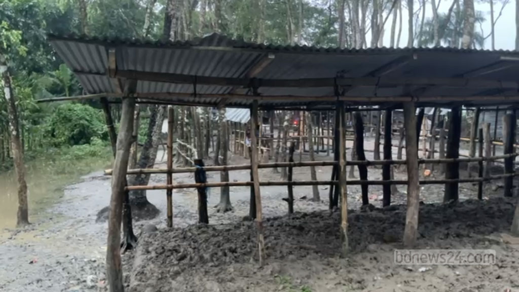 ঝালকাঠি সদর উপজেলার সুগন্ধিয়া পশুর হাটে গরু বাঁধার জন্য সারি সারি বাঁশ বেঁধে রাখা হয়েছে; কিন্তু সবই খালি পড়ে আছে। 