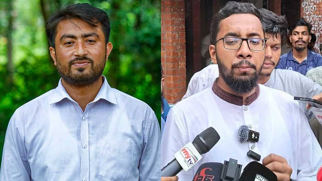 জাকসু নির্বাচনে জয়ী ভিপি স্বতন্ত্র প্রার্থী আব্দুর রশিদ জিতু (বাম থেকে দ্বিতীয়) এবং জিএস নির্বাচিত ইসলামী ছাত্রশিবিরের মাজহারুল ইসলাম (বাম থেকে তৃতীয়)।