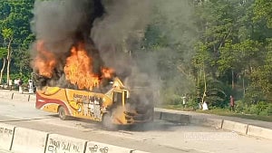 Bus catches fire in Bogura, passengers safe